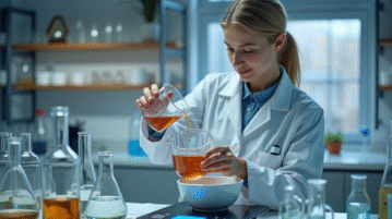 Scientifique en laboratoire versant un liquide dans un bol