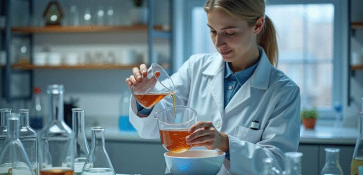 Scientifique en laboratoire versant un liquide dans un bol