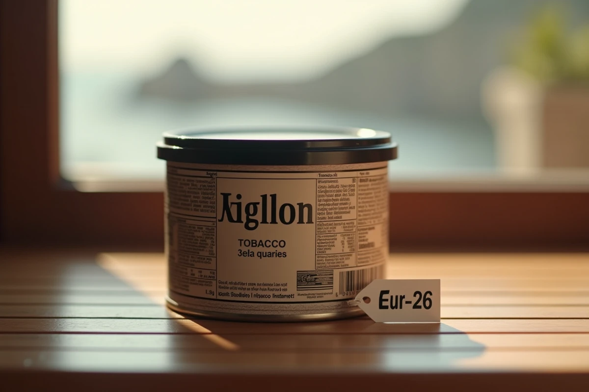 Seau de tabac 1kg posé sur une table avec étiquette de prix en euros dans un café espagnol