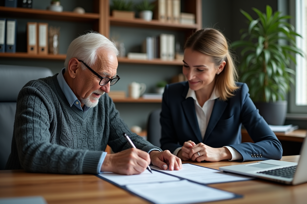 Homme âgé signant un contrat de prêt avec une conseillère