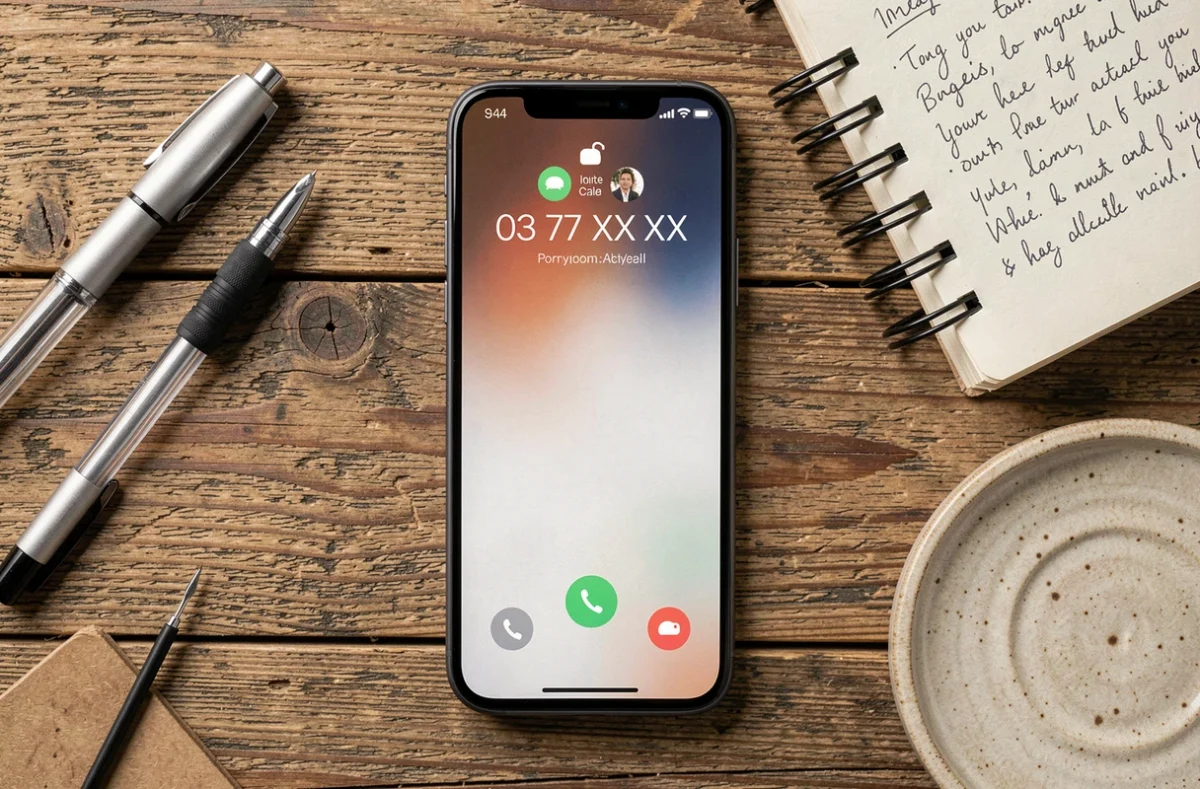 Smartphone posé sur un bureau avec un appel entrant d'un numéro inconnu commençant par 03 77 affiché à l'écran