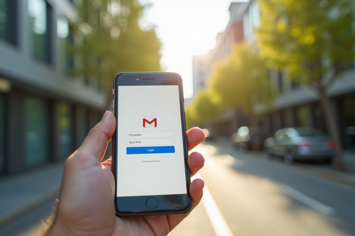 Main tenant un smartphone avec interface de messagerie en extérieur