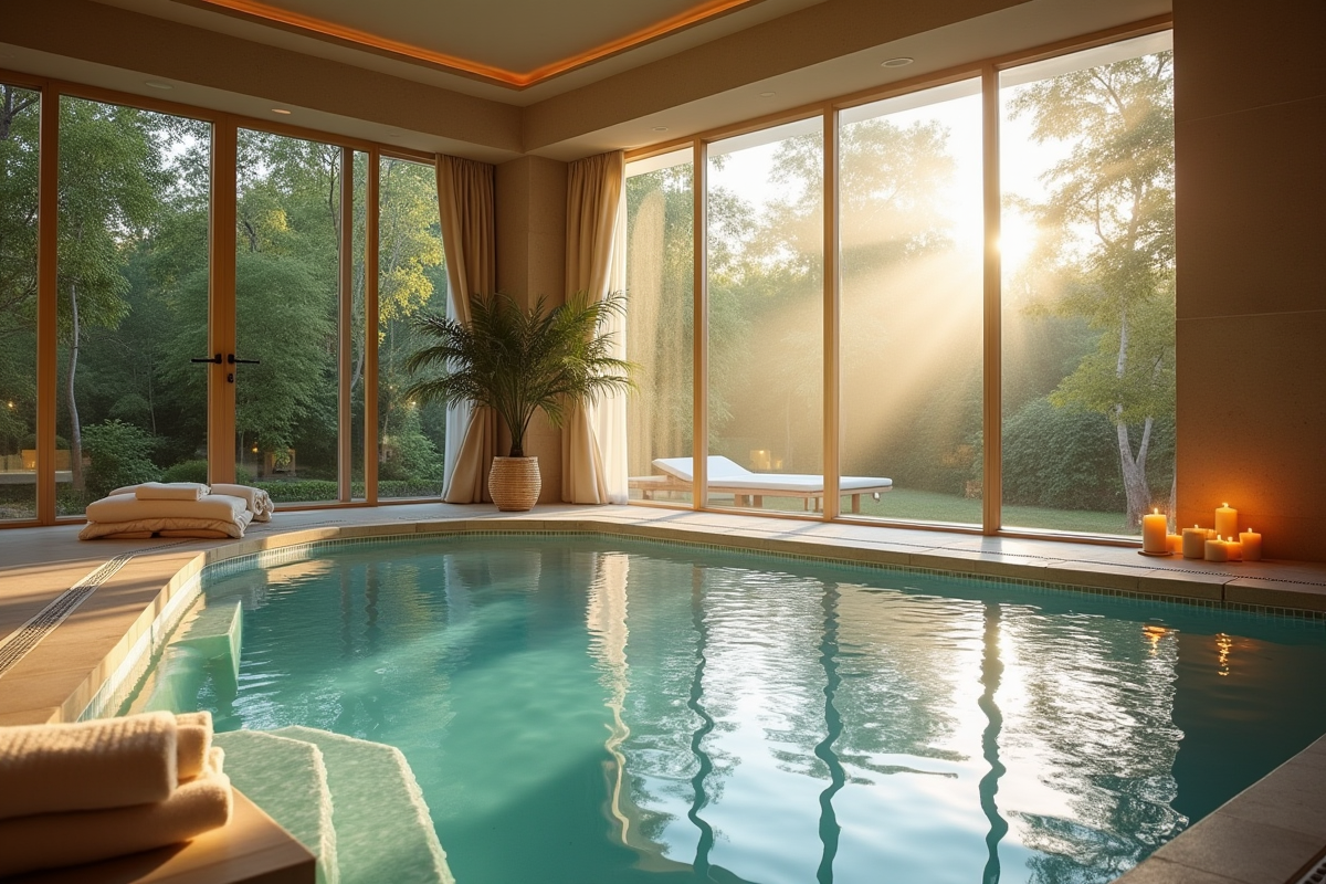 Salle de spa intérieure avec fenêtres panoramiques et piscine chauffée