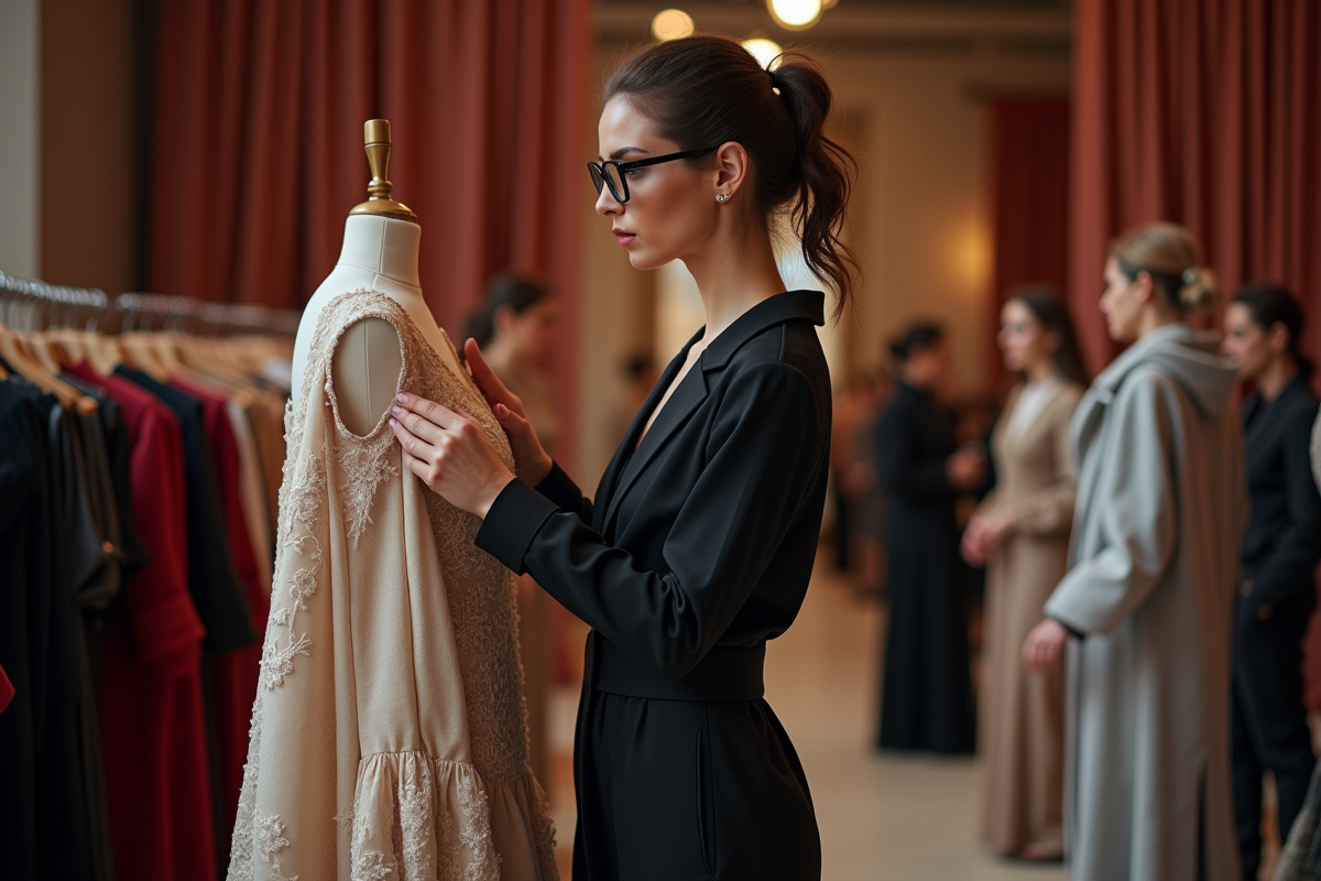 Styliste femme ajustant une robe de couture sur le runway