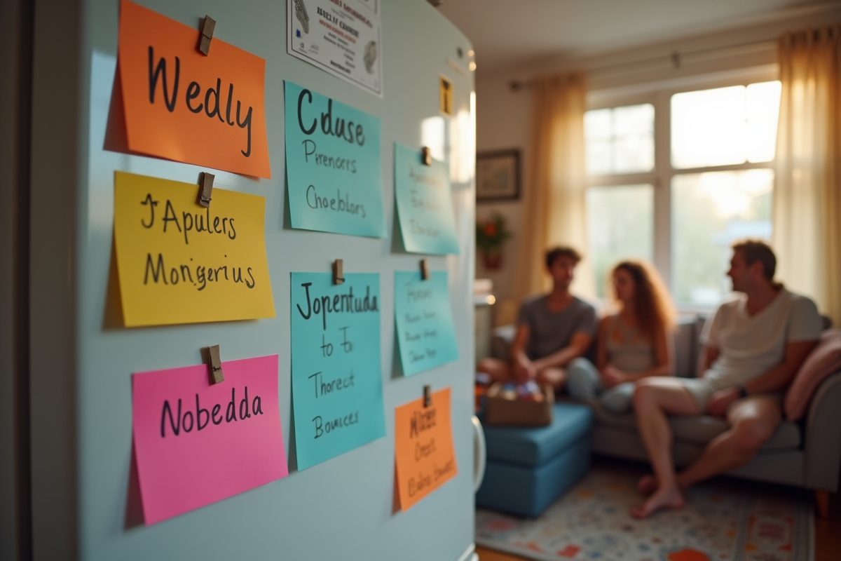 Tableau de tâches coloré sur le frigo dans un appartement partagé