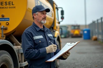 Technicien en tenue de travail vérifiant un réservoir de diesel en extérieur
