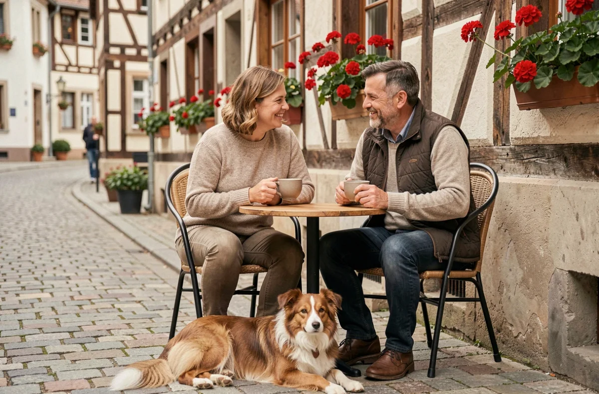 Couple en terrasse d'un café pet friendly à Strasbourg avec leur border collie