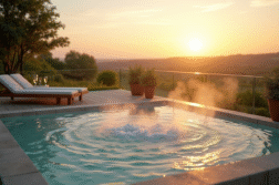 Terrasse spa extérieure avec jacuzzi et vue campagne normande