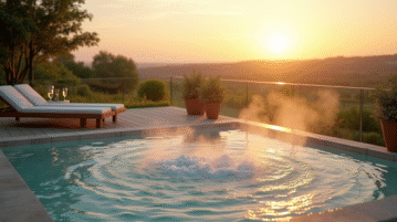 Terrasse spa extérieure avec jacuzzi et vue campagne normande
