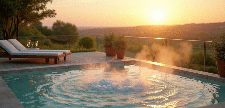 Terrasse spa extérieure avec jacuzzi et vue campagne normande
