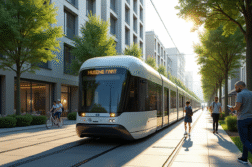 Tram électrique futuriste dans une ville moderne en France