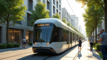 Tram électrique futuriste dans une ville moderne en France