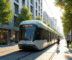 Tram électrique futuriste dans une ville moderne en France