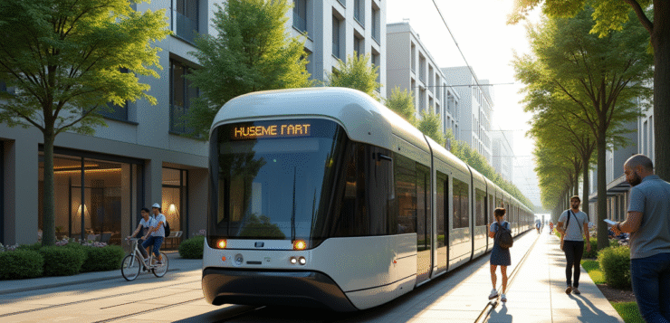 Tram électrique futuriste dans une ville moderne en France