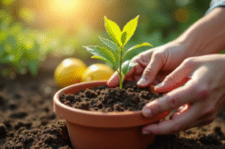 Mains transplantant un jeune limonier en pot en plein air