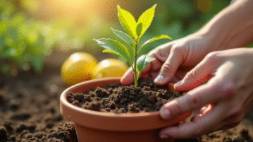Mains transplantant un jeune limonier en pot en plein air