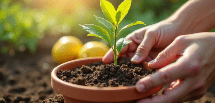 Mains transplantant un jeune limonier en pot en plein air