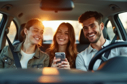 Jeunes souriants dans une voiture partageant un covoiturage avec une appli