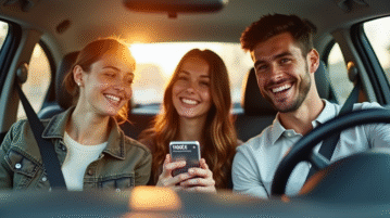 Jeunes souriants dans une voiture partageant un covoiturage avec une appli