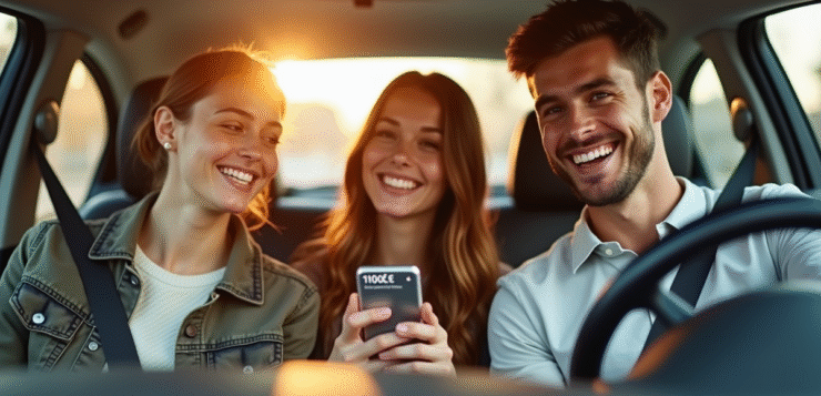 Jeunes souriants dans une voiture partageant un covoiturage avec une appli