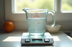 Verre mesure d'eau sur une balance de cuisine lumineuse