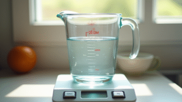Verre mesure d'eau sur une balance de cuisine lumineuse