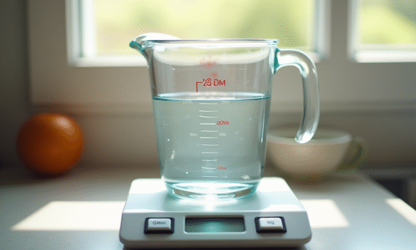 Verre mesure d'eau sur une balance de cuisine lumineuse