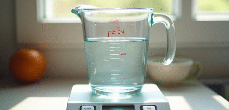 Verre mesure d'eau sur une balance de cuisine lumineuse