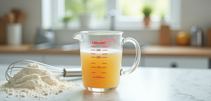 Verre mesure liquide de 250 ml sur plan de travail lumineux