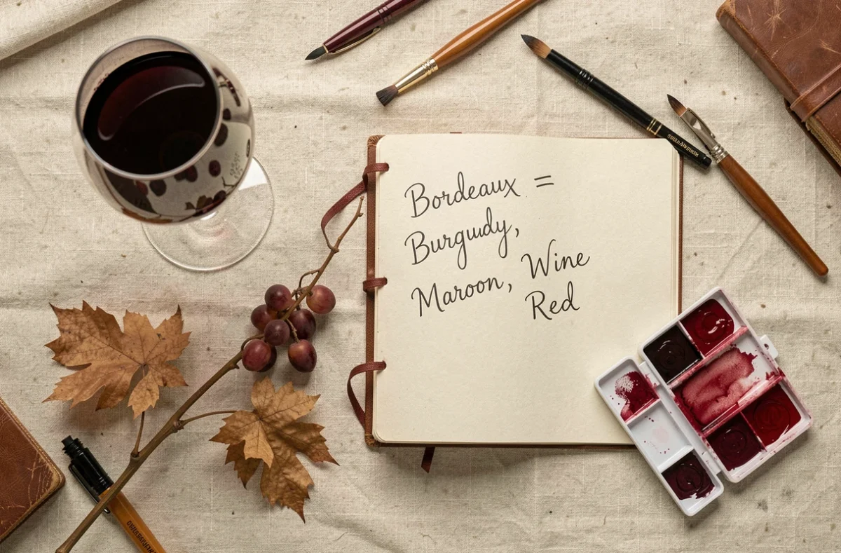 Carnet de vocabulaire anglais ouvert avec les équivalents de la couleur bordeaux écrits à la main, posé sur du lin crème avec un verre de vin rouge