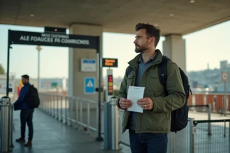 Voyageur à la frontière espagnole tenant un reçu d'achat de tabac, panneau douanier visible en arrière-plan